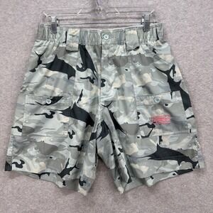 AFTCO Shorts Mens 32 Blue Green Camo American Fishing Ripstop Cargo Stretch